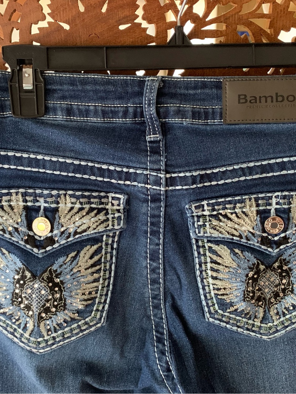 BAMBOO Dark Blue Embroidered Ankle Cropped Jeans
